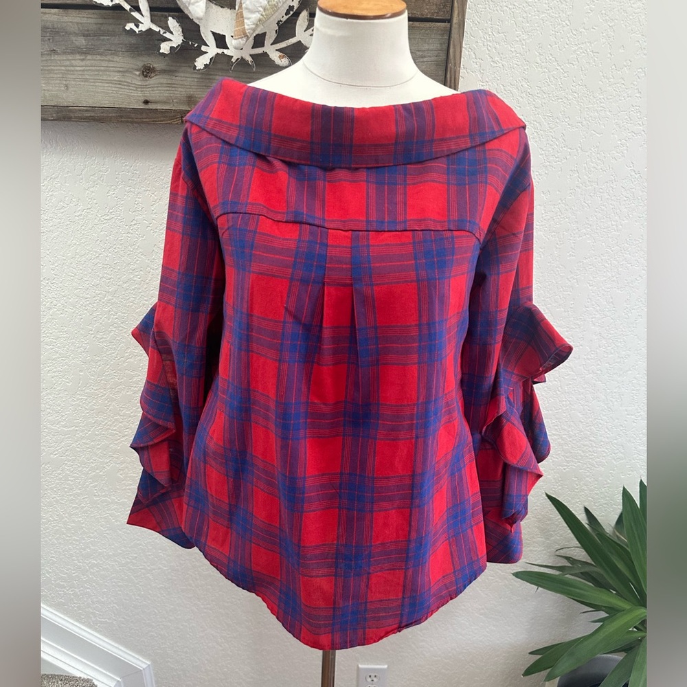 Tea & Cup Red and Blue Plaid Blouse tie‎ back 100% cotton ladies M